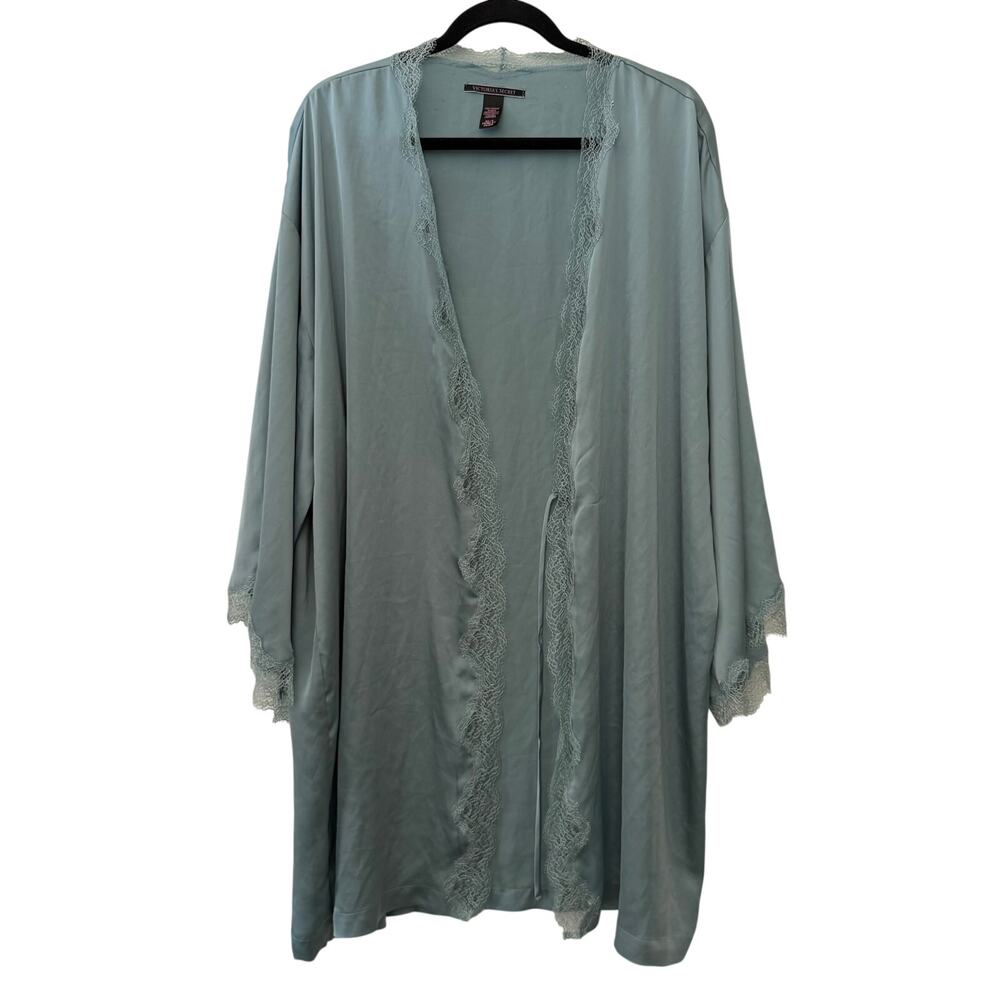 Victoria's Secret Robin Blue Satin Lace-Trim Tie Robe Size M / L Lingerie Y2K